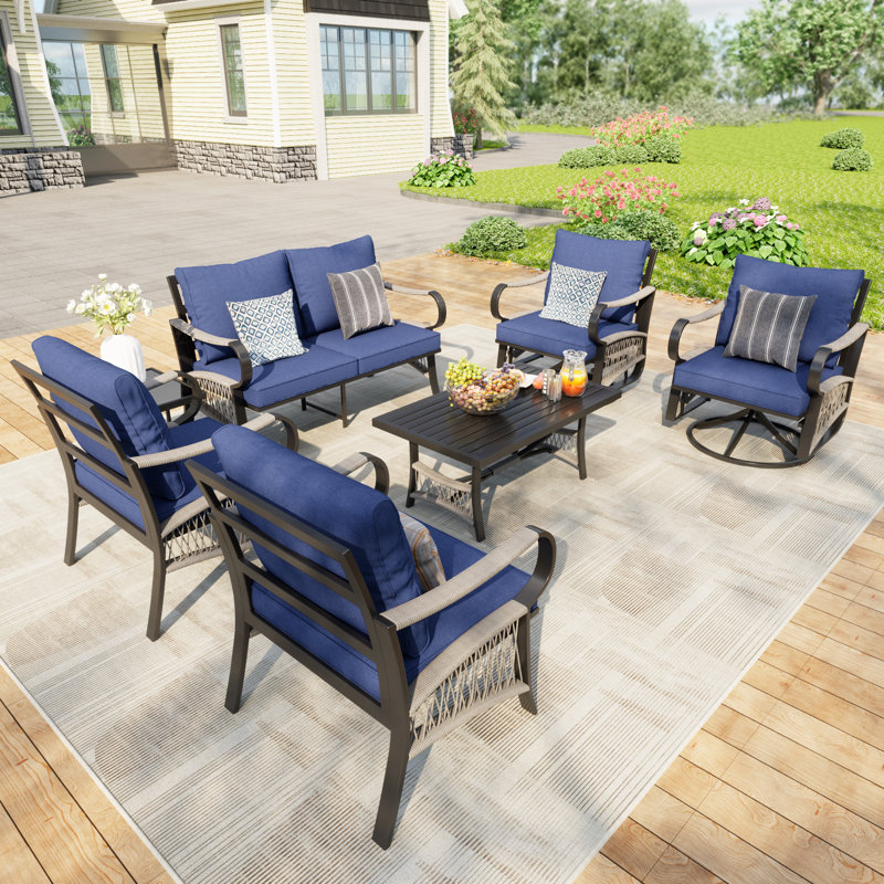 Metal 6-Person Sofa Seating Group With Blue Cushions, Blue