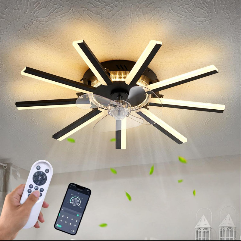 Ventilateur de plafond à bande droite géométrique avec lumières, 3 couleurs, 6 vitesses, ventilateur de profil bas avec lumière, (noir)