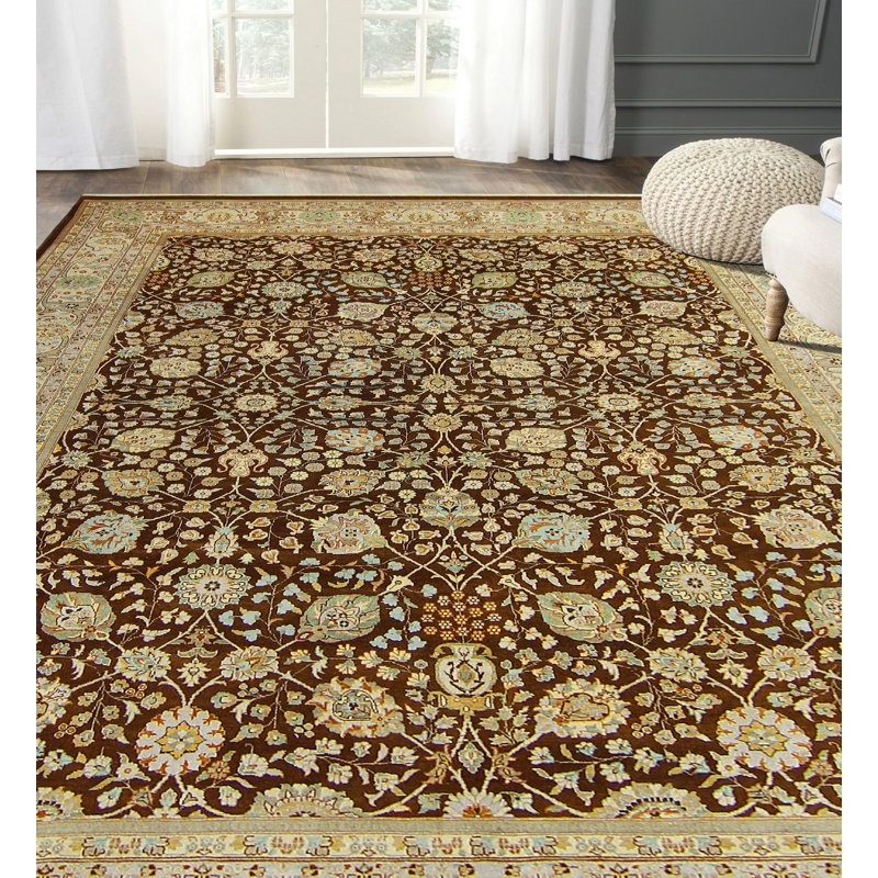 Tapis brun fait à la main de style Apolinaire Ankara, 9 pi 1 po x 12 pi 2 po