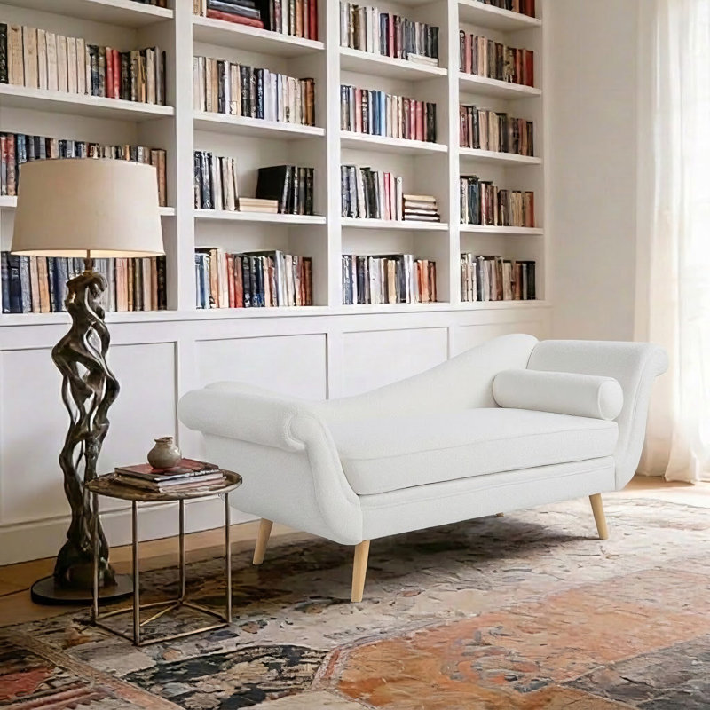 Chaise longue rembourrée avec coussin Enmond, Velours ourson blanc, Brun