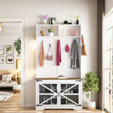 Hall Tree with Bench and Shoe Storage, 4-in-1 Farmhouse Entryway Coat Rack with 7 Coat Hooks & 7 Shoe Cubbies, Hallway Shoe Bench with Storage, 42" W x 15.7" D x 77" H, White