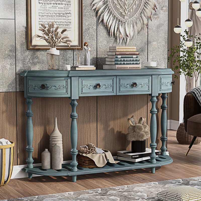 Table buffet en bois de pin massif 4 tiroirs Cenie, Bleu antique