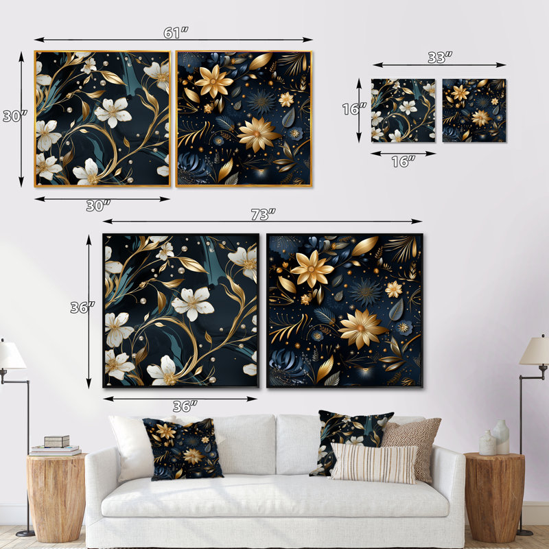 Therrien - Ensemble de 2 collages carrés botaniques abstraits, Cadre flottant noir, H 30 po x l 61 po