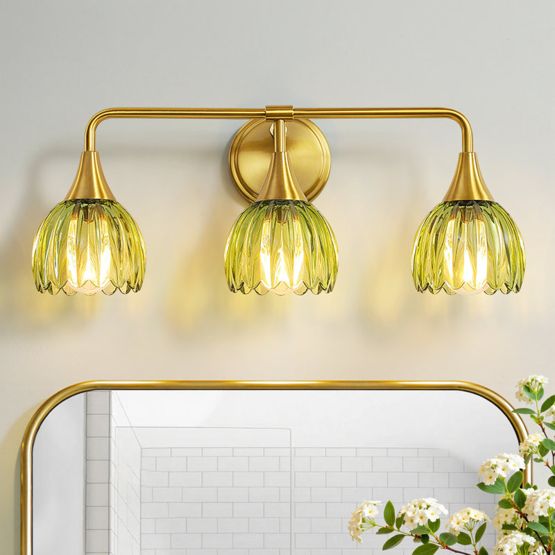 21" Modern Bathroom Vanity Light With Green Petal Glass Shades, Brushed Gold, 3 Lights