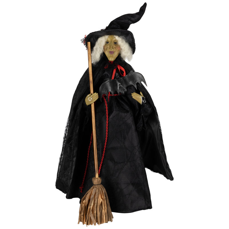 Figurine d'Halloween foncé sorcière avec chauve-souris et balai - 18 po