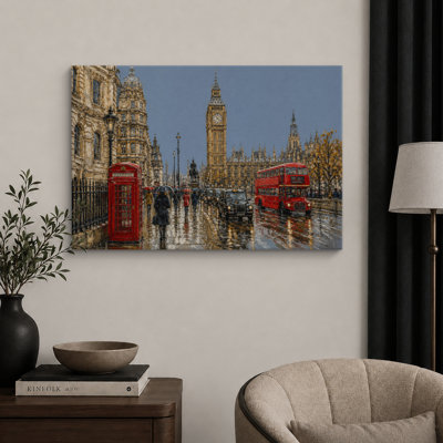 London Big Ben With Red Bus And Phone Booth Artwork, Classic City Office Pictures, Framed Canvas Giclee Print Wall Art