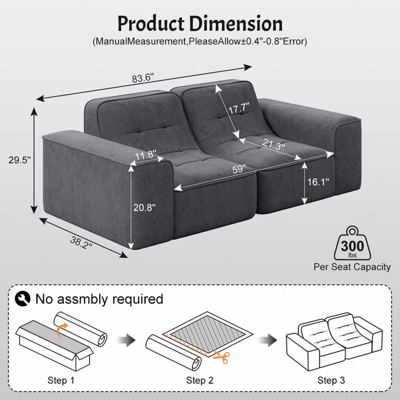 Canapé 3 places modulaire 83,6 po avec capitonnage modulaire, canapé en chenille étincelant moderne, canapé à assise profonde