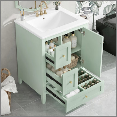 Meuble-lavabo de 24 po avec rangement, tablette réglable, panneau de fibres à densité moyenne et bois d'hévéa, cloisons amovibles, finition verte