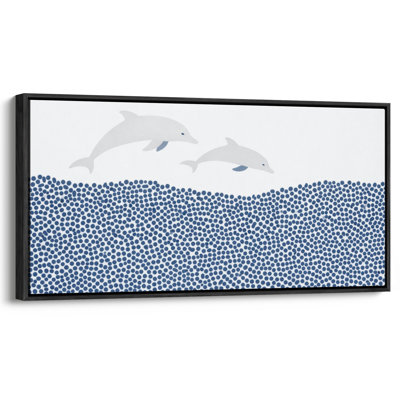 Minimal Blue Ocean Wave Dots with Dolphins Coastal Framed Print Wall Art