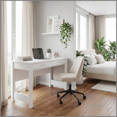 High Gloss White Wooden Computer Desk, Thick Reinforced Tabletop, Solid Support Legs, Two Drawers with Silver Metallic Pull Handles