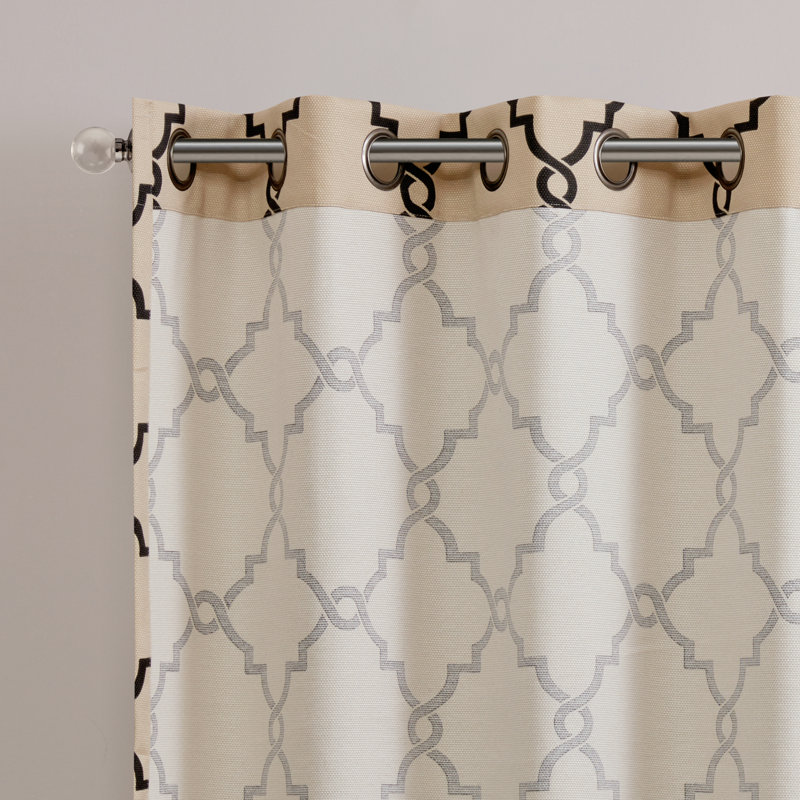 Khaki and Black Fretwork Grommet Top Light-Filtering Curtain Panel