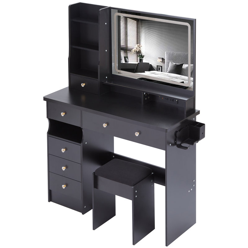 Ensemble de meuble-lavabo de 41 po avec tiroir à gauche 41 po + commode avec tabouret coussiné, 2 centrales AC + 2 USB, support pour séchoir à cheveux, très grand miroir à DEL tactile, interrupteur 3 couleurs, EPA, GCC, certificat UL
