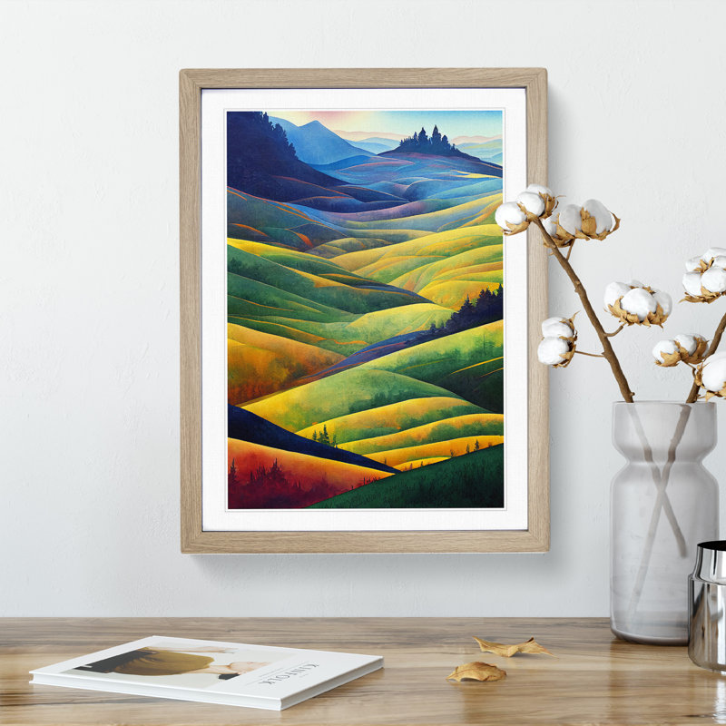 Meadow Landscape Watercolour No.3 - Framed Print, 34cm H x 25cm W x 2cm D, Oak