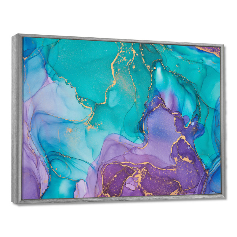Turquoise et mauve liquide Art I - impression d'art moderne sur toile, H 12 po x l 20 po, Encadrement argenté