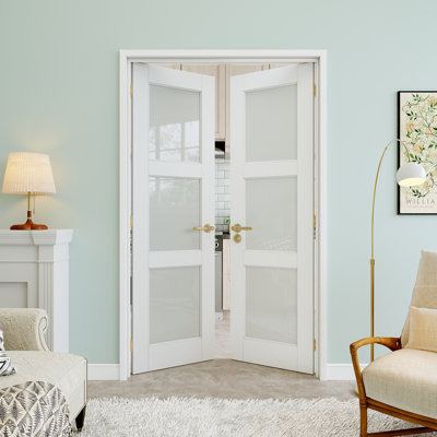 Portes doubles en verre givré 3-Lite 36 po x 80 po, remplacement de dalle de porte française, dalle de porte d'intimité en verre, à peindre et imperméable, combinaison pour porte de garde-manger, porte de buanderie, porte de placard, porte de pièce, porte de bureau personnel
