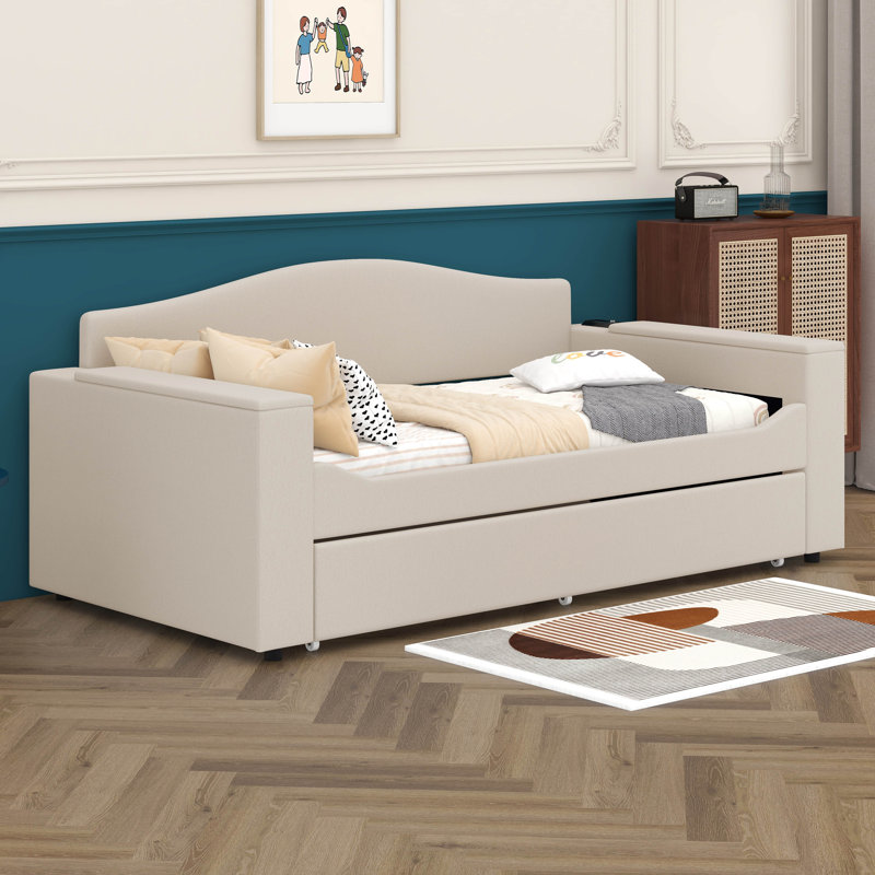 Lit de jour rembourré avec accoudoirs de rangement Javares, Simple, Beige
