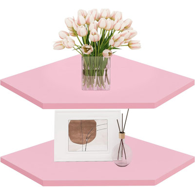 Corner Floating Shelves, Corner Wall Shelf With Cord Hole, 2 Tier Wood Hanging Corner Shelf For Bathroom, Bedroom, Living Room, Pink
