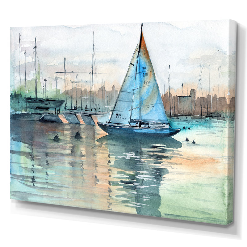 Un voilier dans une marina avec des voiliers - Peinture sur toile, Toile tendue, H 40 po x l 60 po x P 1,5 po