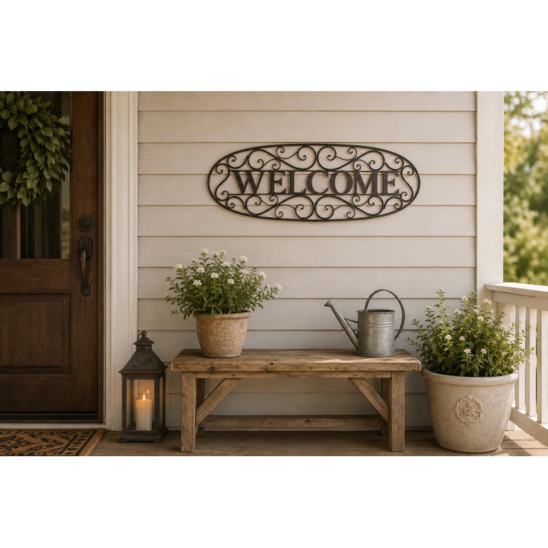 Welcome Oval Metal Wall Decor With Scrollwork Frame, Entryway Sign