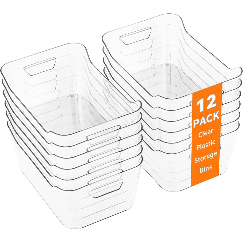 12 Pack Clear Plastic Storage Bins with Handles - Pantry Organizers for Kitchen, Freezer, Cabinet, Closet & Bathroom Under Sink