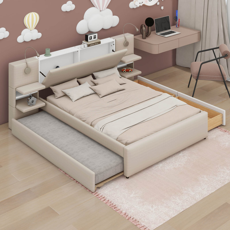 Grand lit plateforme tapissier avec tête de lit et lampes de lecture, Beige