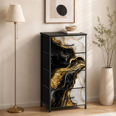 Commode à 4 tiroirs pour chambre à coucher Noir or blanc liquide abstrait 3D marbré doré incrusté de veines lignes Petite commode à vêtements haute pour organisateurs de placard avec commode