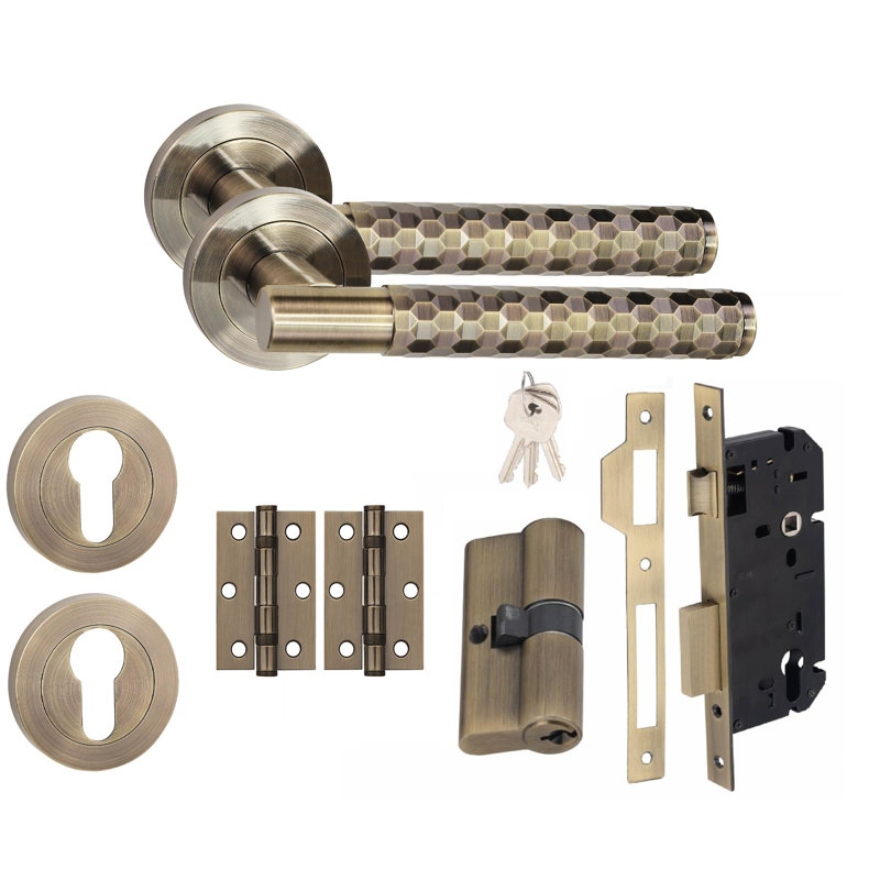 Golden Grace 1 Set Knurled Hex Cut T-Bar Euro Lock Door Handle Set with Barrell Key 70mm