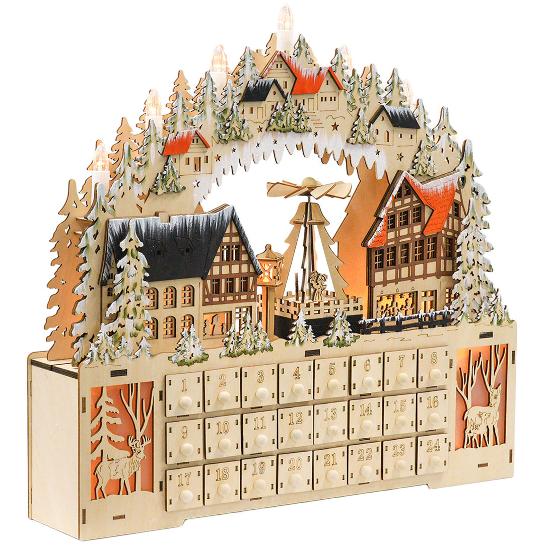 Adventskalender Weihnachtskalender 24 Schubladen mit LED-Lichtern MDF Naturholz