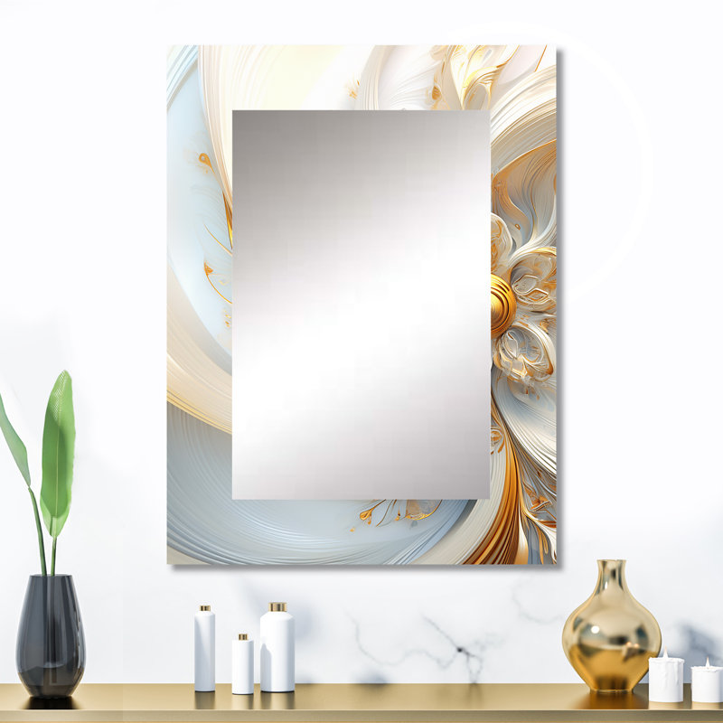 Whirling While Glam Fractals In Gold And White I - Fractals Decorative Mirror, Modern Wall Mirror, Printed Metal Art