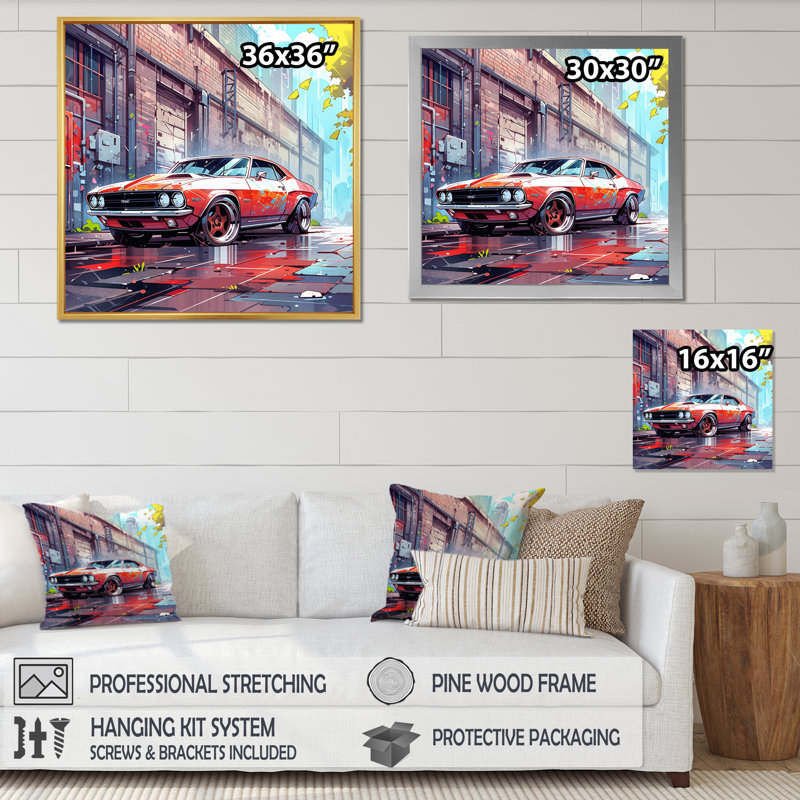 Graffiti Muscle Car II sur toile, Cadre flottant doré, H 24 po x l 24 po x P 1 po