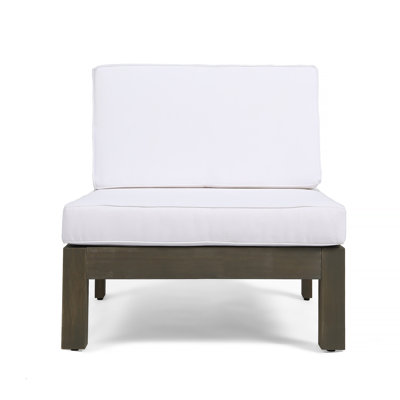 Carie Outdoor 3pc Sofa Set, White Fabric Cushions, Slatted Brown Wood