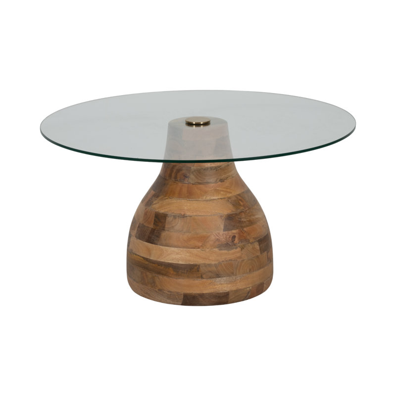 34" Striped Wood Coffee Table With Glass Top, Natu