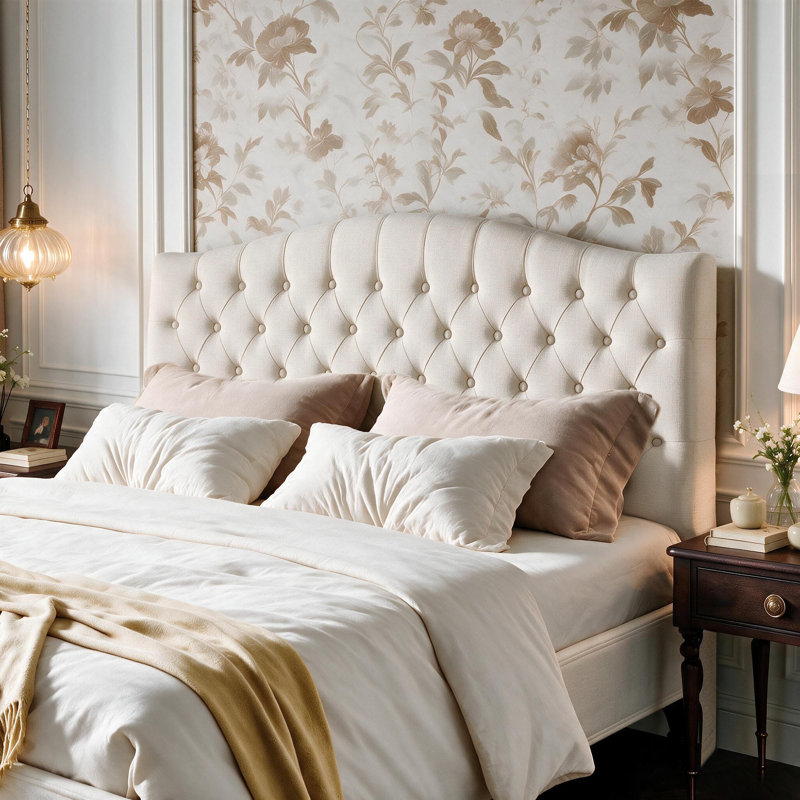 Button-Tufted Upholstered Headboard with Wall-Mount Option, Ivory Linen, Full / Queen