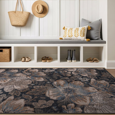 Tapis bleu marine en polyester lavable à la machine Botanical Bloom
