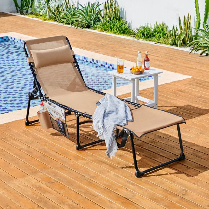 Outdoor Folding Tanning Chair Portable Beach Lounge Chair with Face Hole and Adjustable 5-Position, Beige