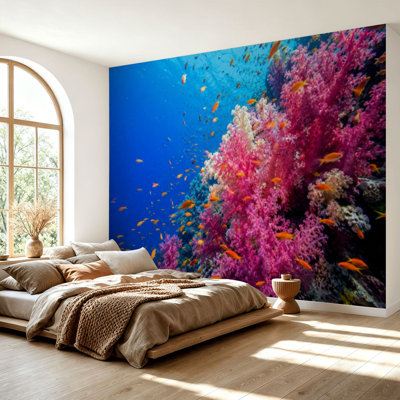 Papier peint adhésif peler et coller image sous-marine colorée poisson rouge corail autocollant amovible papier contact mural pour le salon Chambre à coucher H 69 po x l 96 po