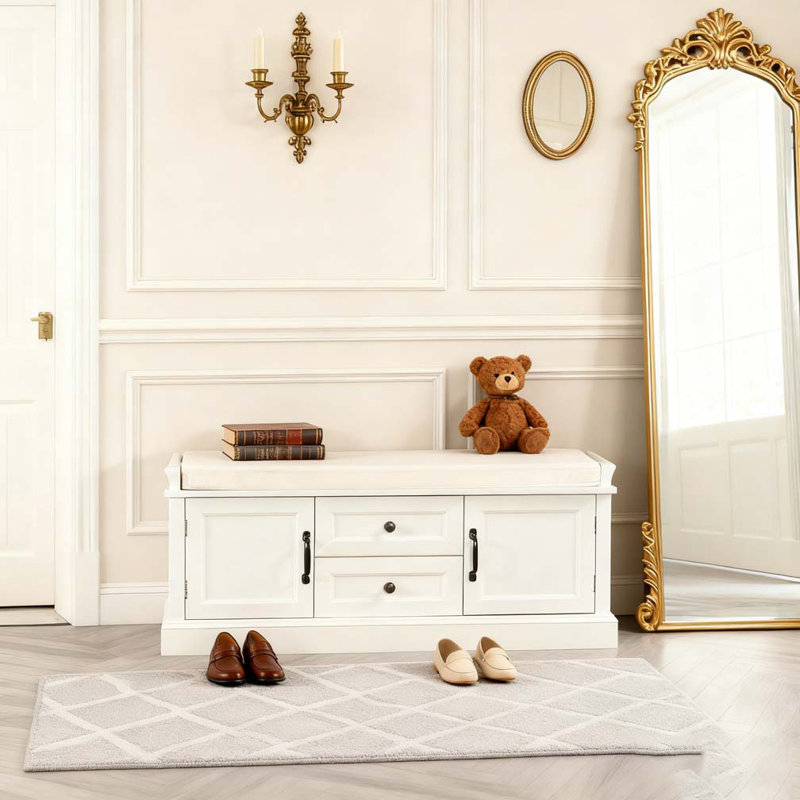 Storage Bench with 2 Drawers and 2 Cabinets, Shoe Bench with Removable Cushion, White