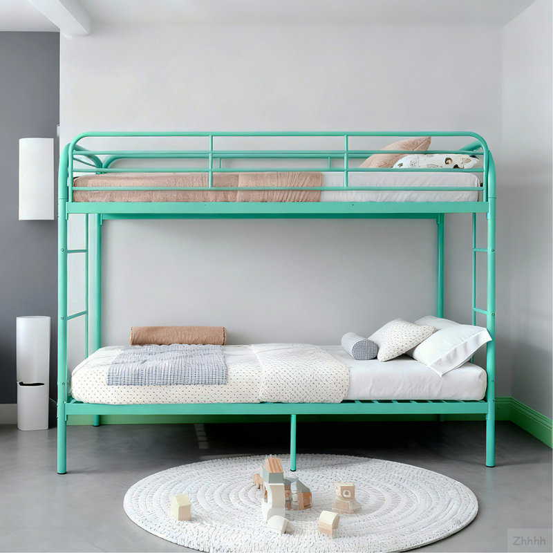 Lit superposé en métal simple au-dessus de simple, lits superposés robustes avec 2 échelles et garde-corps double, lit en fer pour l'école, chambre à coucher facile à assembler, Greem