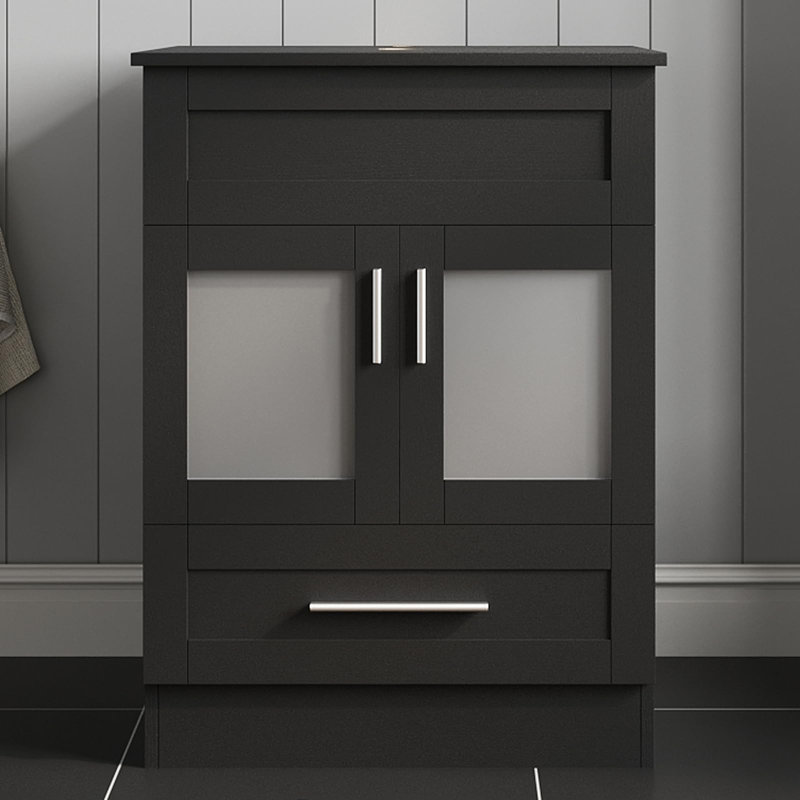 Freestanding Under Sink Cabinet with Drawer, Bathroom Storage Cupboard with Glass, Basin Vanity Unit, Black