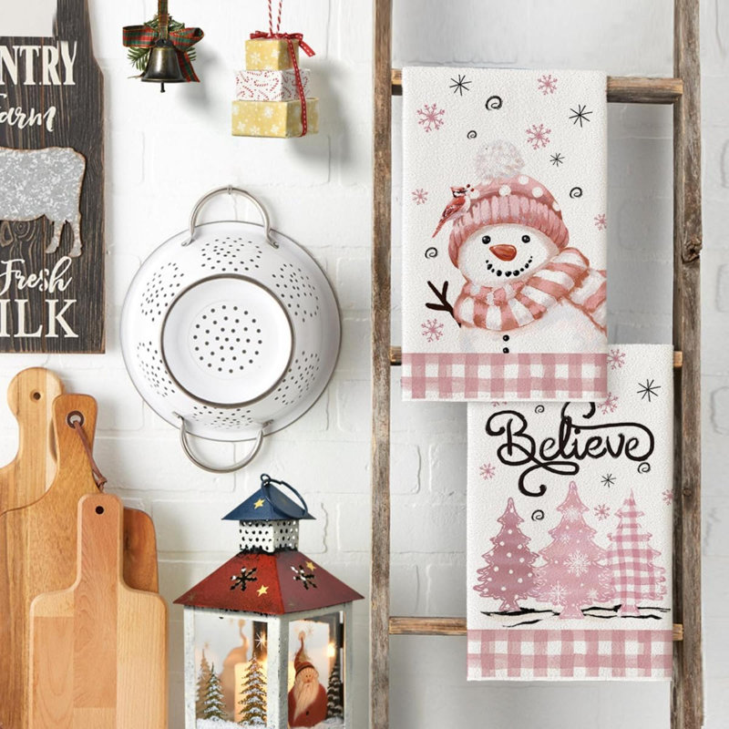 Xmas Tree Snowman Christmas Kitchen Towels Dish Towels,  Farmhouse Holiday Winter Decoration Cleaning Set Of 2, Pink/White