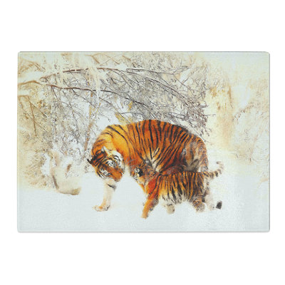 Tempered Glass Mother Tiger & Cub in Winter Chopping Board