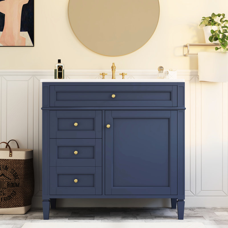 Armoire de salle de bain bleue avec lavabo en céramique, meuble-lavabo 2 tiroirs 36 po et grande capacité de rangement, meuble-lavabo d'apparence moderne, options polyvalentes, look