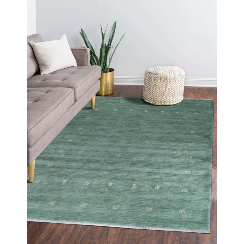 Tapis vert moderne à motif géométrique vert en laine nouée à la main, Rectangle 6 pi x 9 pi