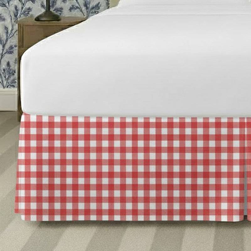 Gingham Pattern Tailored Bed Skirt 15" Drop Length, Red, Twin