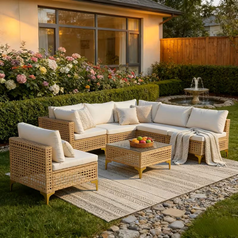 Ensemble de mobilier d'extérieur en osier 7 pièces, canapé modulaire en rotin, ensemble de canapé de patio avec coussin, table basse trempée