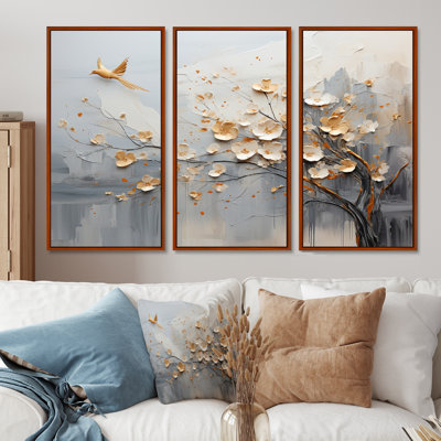 Japan Beige And Gold Tree Vision - Abstract Shapes Wall Decor Set