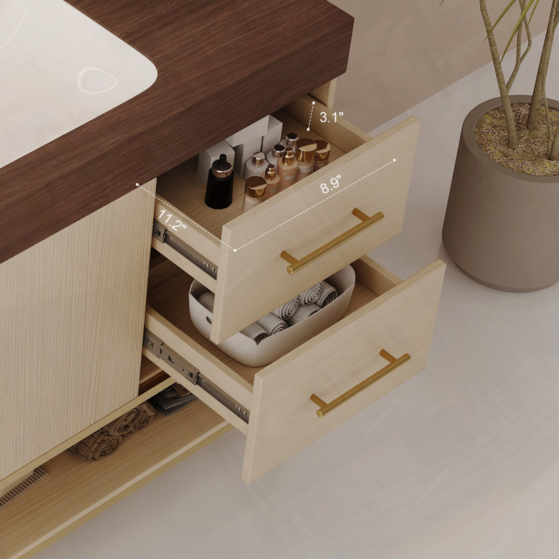 Meuble-lavabo autoportant moderne avec lavabo en céramique sans soudure et décor doré, Or / bois