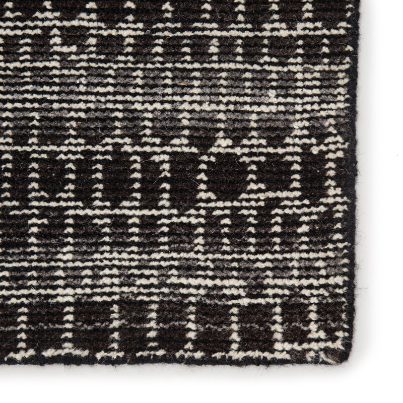 Tapis noir / blanc en laine noué à la main à motif géométrique Alemar, Rectangle de 10 pi x 14 pi