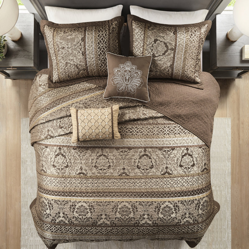 Couvre-lit très grand réversible 5 pièces - brun / or, pour plus de durabilité, feuille, rayures et motifs, 2 taies décoratives, coussins décoratifs, pièce lavable brun / or et machine à lancer