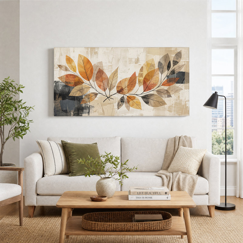 «Autumn Leaves Branch» sur toile texturée beige, L 40 po x H 20 po